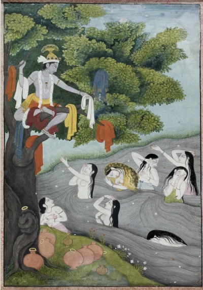 Krishna vole les vêtements des Gopis — Indian (1775) — opaque watercolor and gold paint on paper, Walters Art Museum, Baltimore