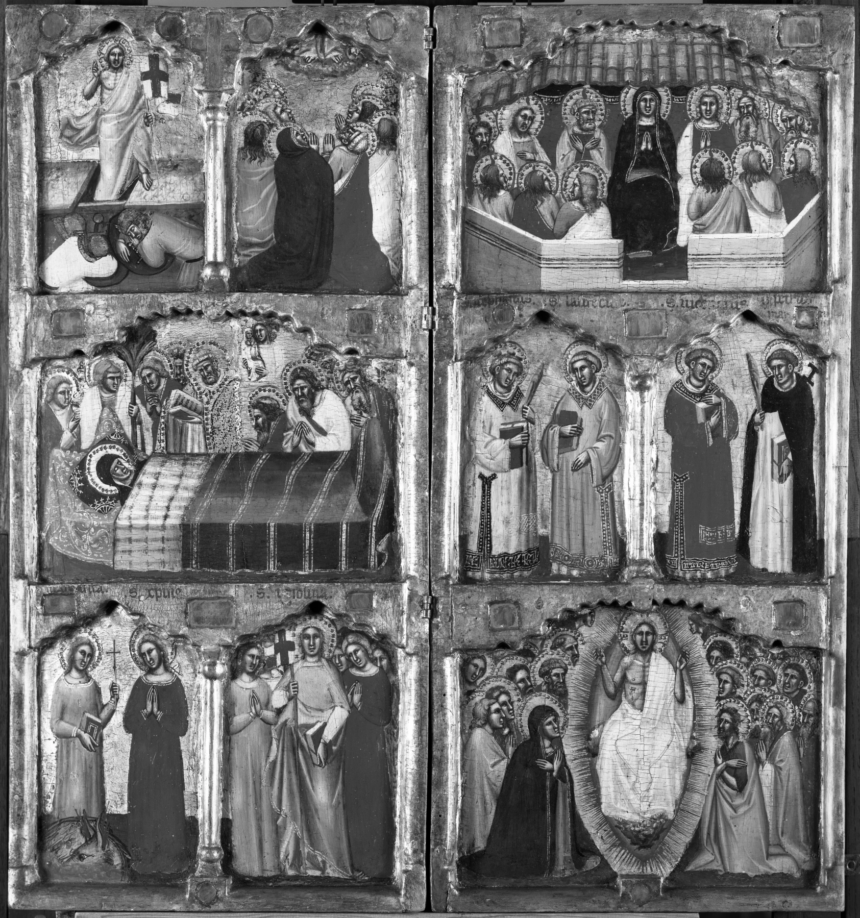 Scènes du Nouveau Testament et apocryphes avec saints