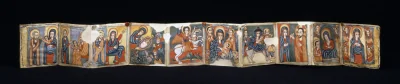 Gondarine sensul — Ethiopian (1675) — ink and paint on medium weight parchment, covered with upper and lower boards made of heavy undecorated hide, stitched to ends of parchment strip, Walters Art Museum, Baltimore
