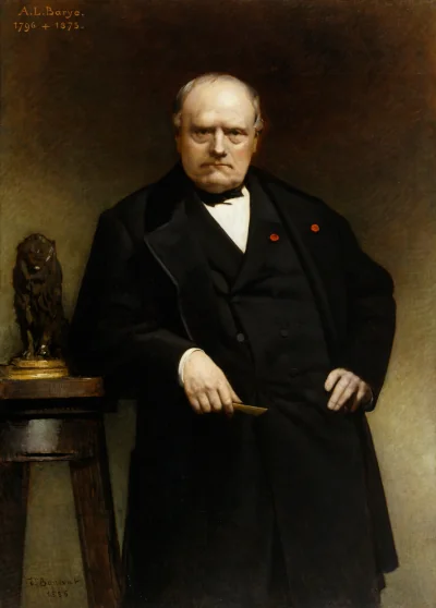 Portrait de Barye avec un modèle en cire du « Lion assis » — Léon Bonnat (1885) — oil on canvas, Walters Art Museum, Baltimore