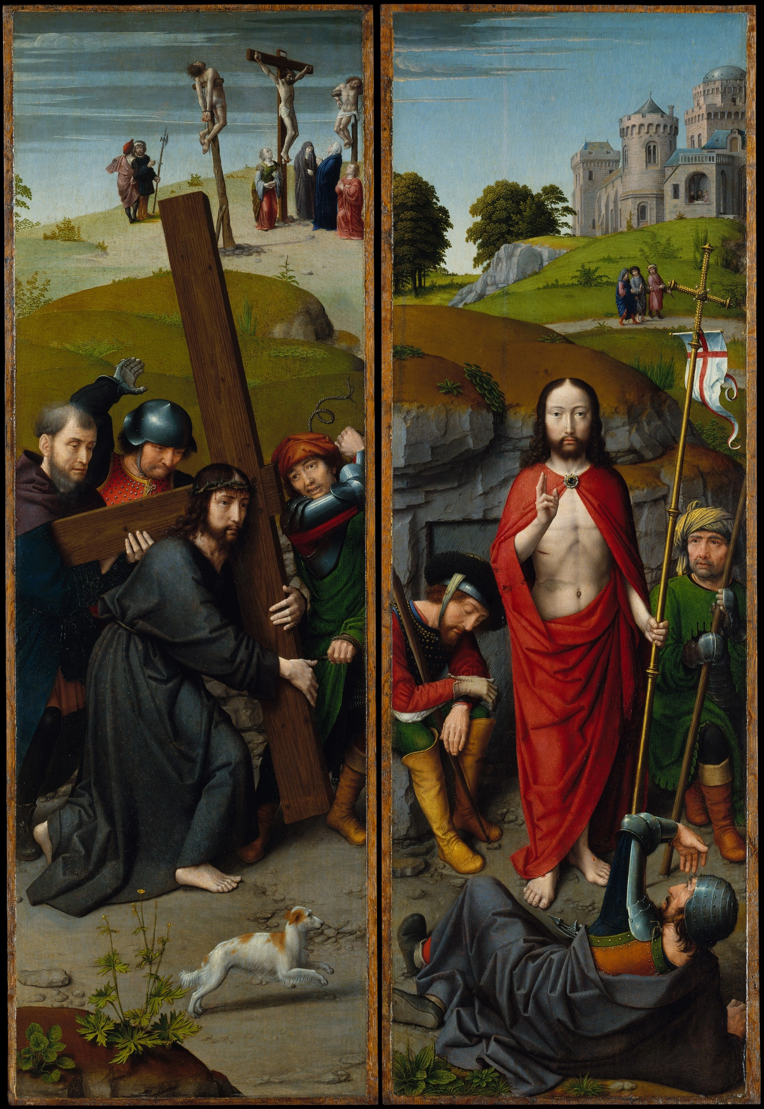 Le Portement de croix, avec la Crucifixion ; La Résurrection, avec les pèlerins d'Emmaüs