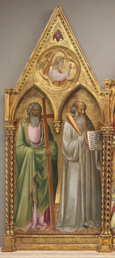 Saint André et saint Benoît avec l'archange Gabriel [panneau gauche] — Agnolo Gaddi (1387) — tempera on poplar panel, National Gallery of Art, Washington