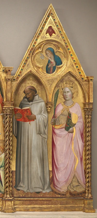 Saint Bernard et sainte Catherine d'Alexandrie avec la Vierge de l'Annonciation [panneau droit] — Agnolo Gaddi (1387) — tempera on poplar panel, National Gallery of Art, Washington