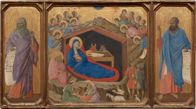 La Nativité avec les prophètes Isaïe et Ézéchiel — Duccio di Buoninsegna (1308) — tempera on single poplar panel, National Gallery of Art, Washington