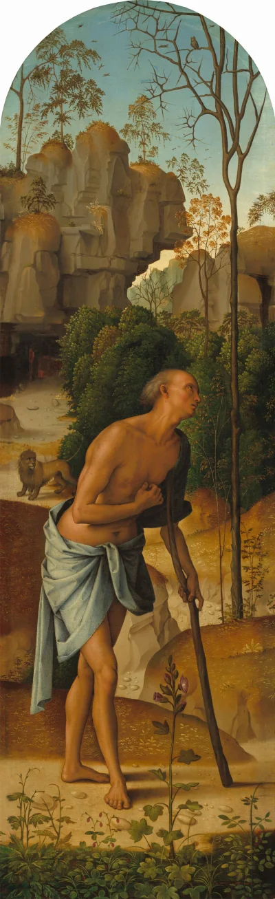 La Crucifixion avec la Vierge, saint Jean, saint Jérôme et sainte Marie-Madeleine [panneau gauche] — Pietro Perugino (1482) — oil on panel transferred to canvas, National Gallery of Art, Washington
