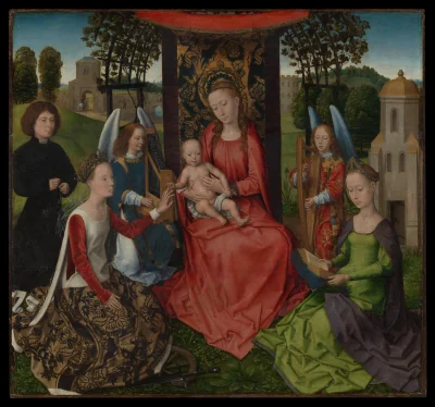 Vierge à l'Enfant avec sainte Catherine d'Alexandrie et sainte Barbe — Hans Memling (1480) — Oil on wood, Metropolitan Museum of Art, New York, NY