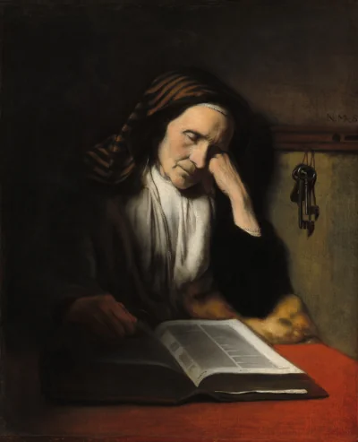 Une Vieille Femme Somnolant sur un Livre — Nicolaes Maes (1655) — oil on canvas, National Gallery of Art, Washington