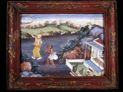 Vessantara Jataka, Chapitre 7 : Jujaka et l'ermite Accala — Thai (1875) — pigments on wood, Walters Art Museum, Baltimore