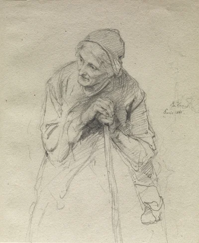 Vieille femme s'appuyant sur un bâton — Ludwig Knaus (1860) — pencil on paper, Walters Art Museum, Baltimore