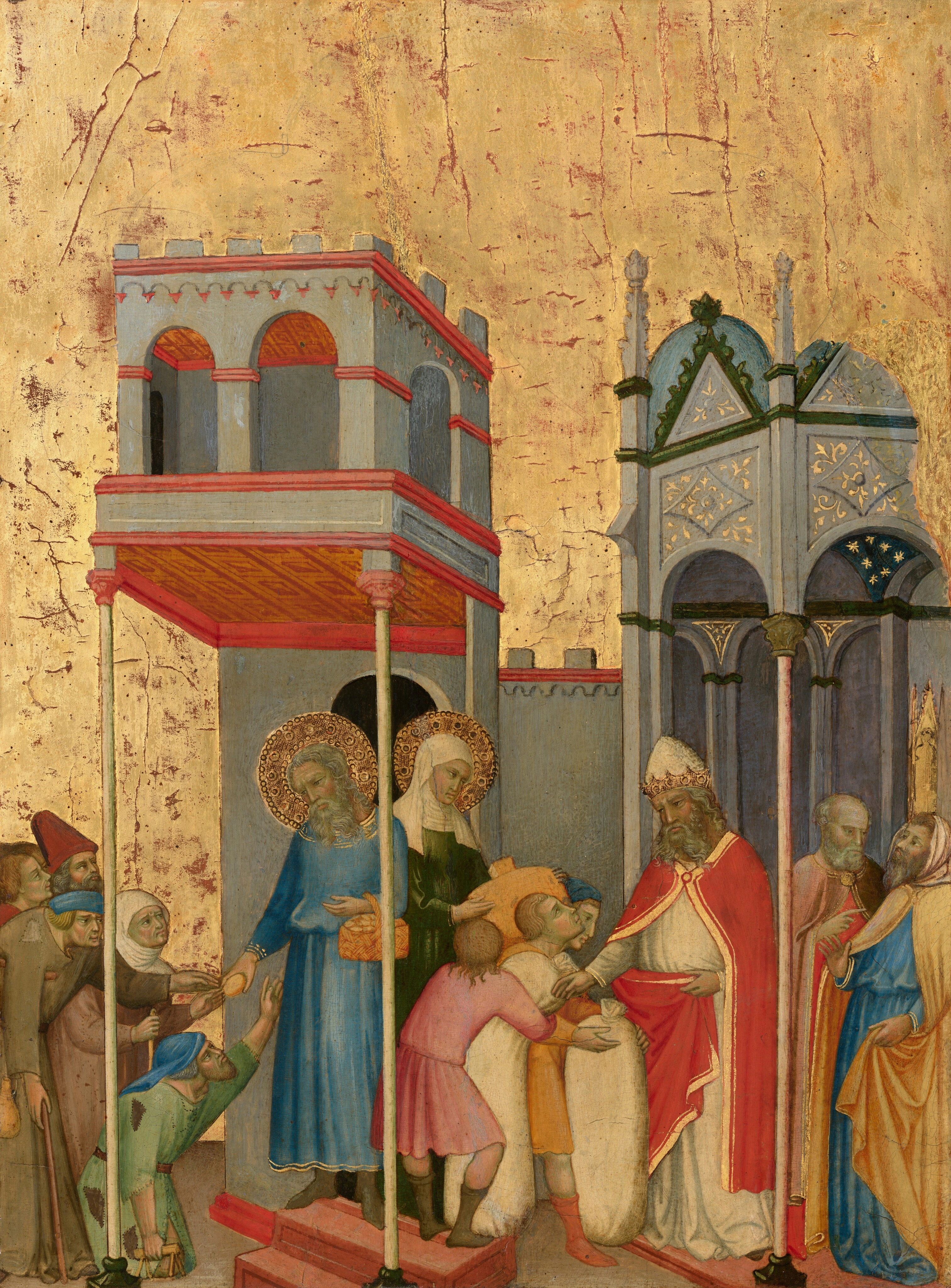 Joachim et Anne distribuant de la nourriture aux pauvres et des offrandes au temple