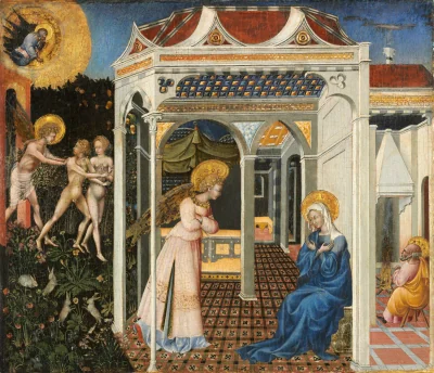 L'Annonciation et l'Expulsion du Paradis — Giovanni di Paolo (1435) — tempera on panel, National Gallery of Art, Washington