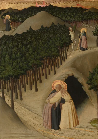 La Rencontre de saint Antoine et saint Paul — Master of the Osservanza (1430) — tempera on poplar panel, National Gallery of Art, Washington