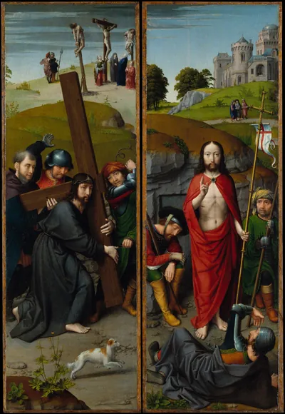 Christ Carrying the Cross, with the Crucifixion; The Resurrection, with the Pilgrims of Emmaus — Gerard David (1507) — Oil on oak panel, Metropolitan Museum of Art, New York, NY