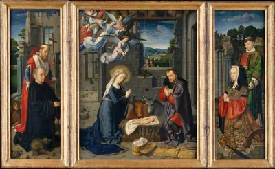The Nativity with Donors and Saints Jerome and Leonard — Gerard David (1510) — Oil on canvas, transferred from wood, Metropolitan Museum of Art, New York, NY