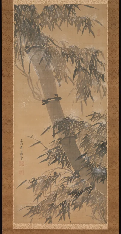 Bambous sous la neige — Dapeng Zhengkun (1771) — Pair of hanging scrolls; ink on silk, Metropolitan Museum of Art, New York, NY