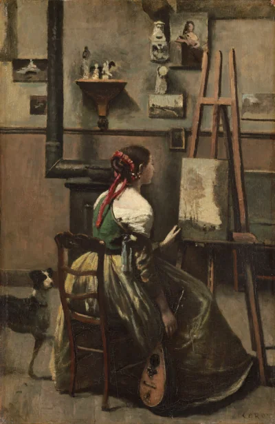 L'Atelier de Corot : Femme Assise devant un Chevalet, une Mandoline à la Main — Jean-Baptiste-Camille Corot (1868) — oil on wood, National Gallery of Art, Washington