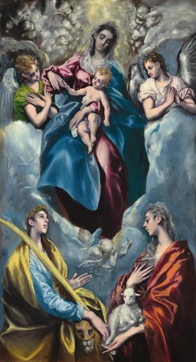 La Vierge à l'Enfant avec sainte Martine et sainte Agnès — El Greco (1597) — oil on canvas, wooden strip added at bottom, National Gallery of Art, Washington