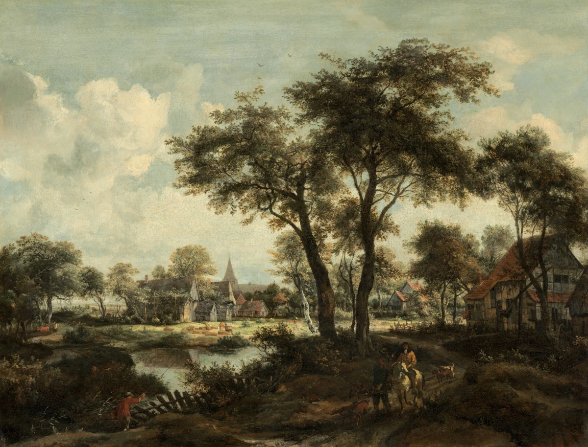 Village près d'un étang — Meindert Hobbema (1670) — oil on canvas, National Gallery of Art, Washington