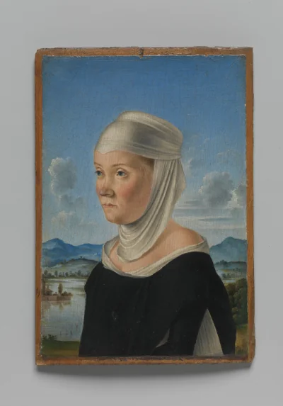 Portrait d'une femme, peut-être une nonne de San Secondo ; (verso) Scène en grisaille — Jacometto (1480) — Oil on wood; (verso: oil and gold on wood), Metropolitan Museum of Art, New York, NY