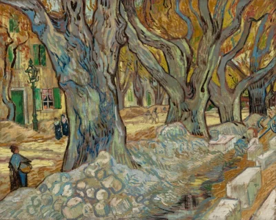 The Large Plane Trees (Road Menders at Saint-Rémy) — Vincent van Gogh (1889) — oil on fabric, Cleveland Museum of Art
