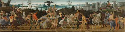 Tarquinius Priscus Entering Rome — Jacopo del Sellaio (1465) — tempera on wood, mounted on canvas, Cleveland Museum of Art