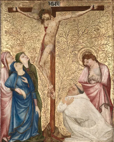 Calvary with a Carthusian Monk — Jean de Beaumetz (1389) — oil on oak panel, Cleveland Museum of Art