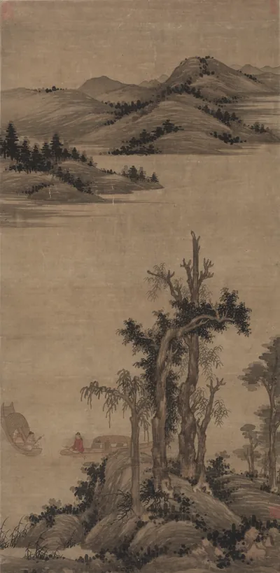 Fishermen-Hermits in Stream and Mountain — Zhao Yong (1300) — Hanging scroll; ink and color on silk, Cleveland Museum of Art