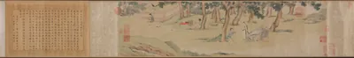 Zhao Mengfu Writing the Heart (Hridaya) Sutra in Exchange for Tea — Qiu Ying (1542) — handscroll, ink and light color on paper, Cleveland Museum of Art