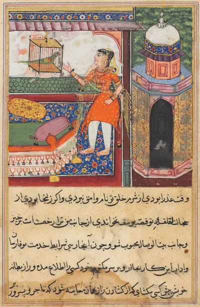 The Parrot Addresses Khujasta at the Beginning of the Tenth Night, from a Tuti-nama (Tales of a Parrot) — Iqbal (1555) — gum tempera, ink, and gold on paper, Cleveland Museum of Art