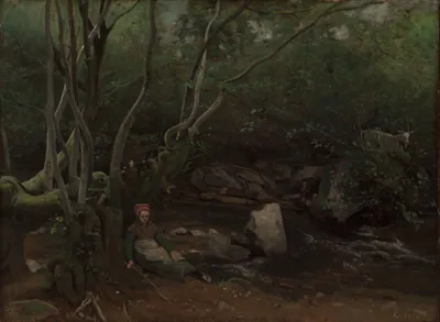 Lormes:  Goat-Girl Sitting Beside a Stream in a Forest — Jean-Baptiste-Camille Corot (1842) — oil on fabric, Cleveland Museum of Art