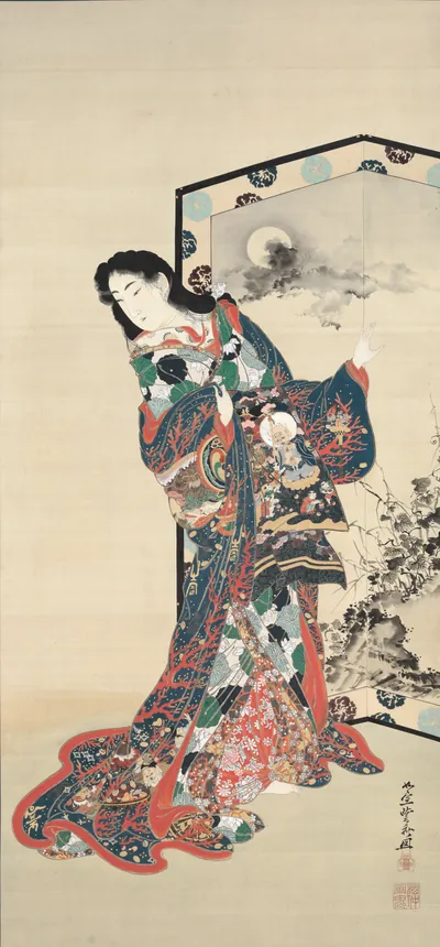 Hell Courtesan — Kawanabe Kyōsai (1871) — Hanging scroll; ink, color, gold, and silver on silk, Cleveland Museum of Art