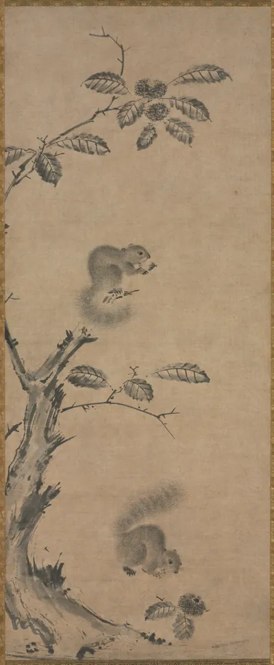 Squirrels on the Chestnut Tree — Ge Shuying (1300) — Hanging scroll; ink on paper, Cleveland Museum of Art