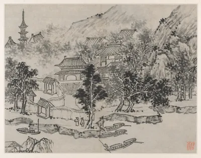 Distant View of Tiger Hill from the Canal Mooring, from Twelve Views of Tiger Hill, Suzhou — Shen Zhou (1491) — Album leaf; ink on paper or ink and slight color on paper, Cleveland Museum of Art