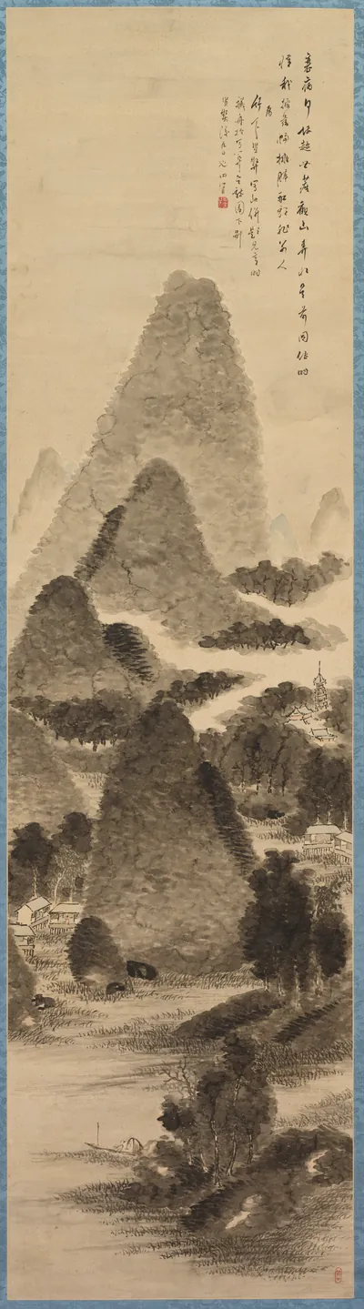 Mountain View and Blue Water — Tanomura Chikuden (1800) — hanging scroll; ink, color, and gold on paper, Cleveland Museum of Art