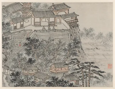 The Five Sages Terrace, from Twelve Views of Tiger Hill, Suzhou — Shen Zhou (1491) — Album leaf; ink on paper or ink and slight color on paper, Cleveland Museum of Art
