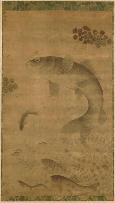 Leaping Carp — Liu Jie (1368) — hanging scroll, ink and color on silk, Cleveland Museum of Art
