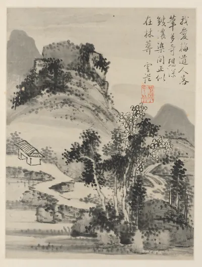 Album of Seasonal Landscapes, Leaf D (previous leaf 2) — Xiao Yuncong (1668) — album leaf; ink and light color on paper, Cleveland Museum of Art
