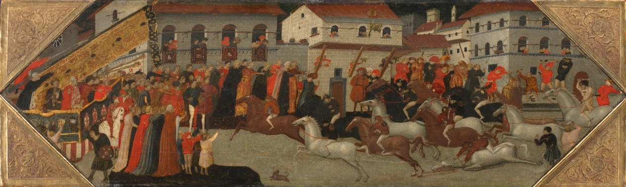 Panneau d'un cassone : La Course du Palio dans les rues de Florence