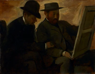 Paul Lafond et Alphonse Cherfils examinant un tableau — Edgar Degas (1873) — oil on wood panel, Cleveland Museum of Art