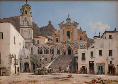Parti af torvet i Amalfi — Martinus Rørbye (1835) — Olie på papir monteret på lærred, Sal 219