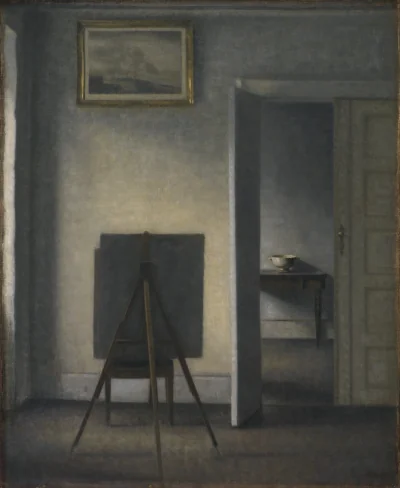 Interiør med kunstnerens staffeli — Vilhelm Hammershøi (1910) — Olie på lærred, Sal 227