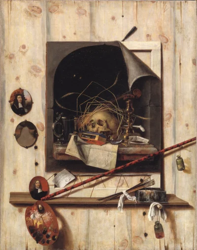 Trompe l'oeil med ateliervæg og vanitas-stilleben — Cornelius Norbertus Gijsbrechts (1668) — Olie på lærred, Sal 201A