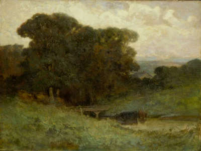 Sans titre (scène de forêt avec pont, vaches dans le ruisseau au premier plan) — Bannister, Edward Mitchell (1890) — Paintings, Smithsonian