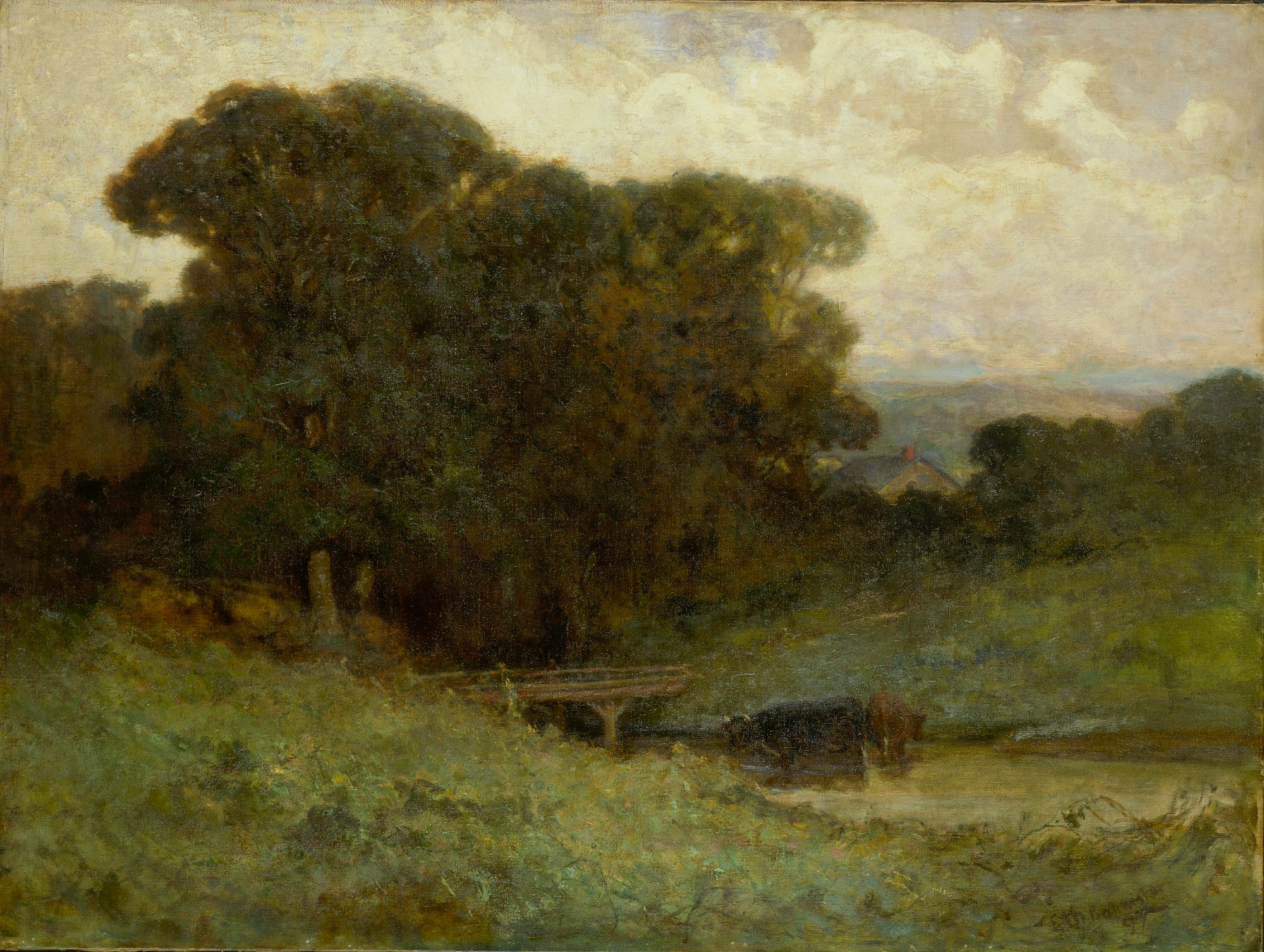 Sans titre (scène de forêt avec pont, vaches dans le ruisseau au premier plan)